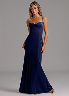 Azazie Karryn Vestidos de damas de honor Vestido de Azul Marino Oscuro de terciopelo de Corte Sirena con Corsé image4