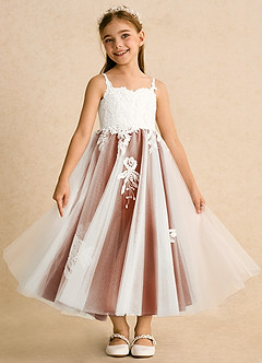 Azazie Coraline Flower Girl Dresses Ivory Burnt Orange A-Line Lace Dress image3