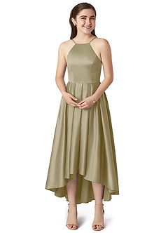 Azazie Jemima Junior A-Linie mit Taschen Stretch-Satin Kleid Moosgrün image4
