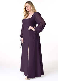 Azazie Leonia Bridesmaid Dresses Plum A-Line Long Sleeve Chiffon Dress image10