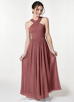 Azazie Jiya Junior Desert Rose A-Line Pleated Mesh Dress image1