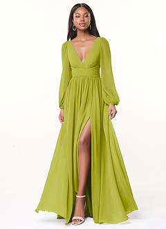 Azazie Norah Vestidos de damas de honor Vestido de Hierba De Limón de Gasa de Corte en A con Manga larga con cuello en V image1