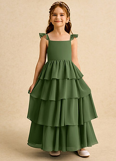Azazie Boba vestidos de niña de las flores Vestido de Oliva de Gasa de Corte En A con Escote Cuadrado image6