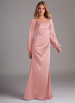 Azazie Charissa Bridesmaid Dresses Powder Pink Sheath Long Sleeve Stretch Satin Dress image6