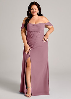 Azazie Amyra Bridesmaid Dresses Vintage Mauve Sheath Off the Shoulder Chiffon Convertible Dress image13