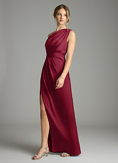 Azazie Emorie Bridesmaid Dresses Burgundy Sheath One Shoulder Stretch Satin Dress image3