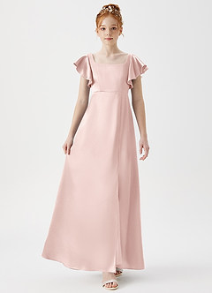 Azazie Bondi Junior Blushing Pink A-Line Side Slit Metallic Satin Dress image4