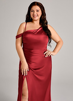 Azazie Madelyn Robes de demoiselle d'honneur Robe Sirène Convertible en Satin extensible Une épaule Écarlate image11