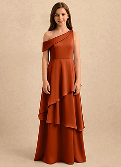 Azazie Shyloh Girls Formal Flower Girl Dresses Paprika A-Line Off the Shoulder Stretch Satin Dress image1
