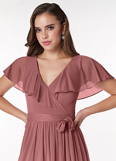 Azazie Jael Bridesmaid Dresses Desert Rose A-Line V-Neck Mesh Dress image5