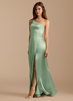 Azazie Trina Final Sale Matcha A-Line One Shoulder Metallic Satin Dress image1