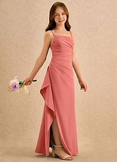 Azazie Cannoli Girls Formal Robe Demoiselle D'honneur Fillette Robe Trapèze en Mousseline de soie Plissé Rose Saumon image1