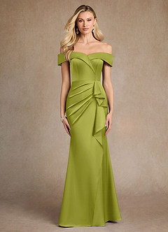 Azazie Laredo Moeder van de bruid jurken Zeemeermin Jurk van Stretch Satijn Off the Shoulder Citroengras image1