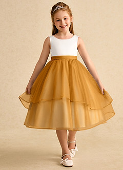 Azazie Rene Blumenmädchenkleider A-Linie Schleifen Tüll Kleid Elfenbein Butterscotch image4