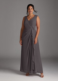 Azazie Manuella vestidos de madre de la novia Vestido de Gris Acero de Gasa de Corte En A con Cuello en V plisado image11