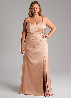 Azazie Azuree Bridesmaid Dresses Rose Gold A-Line Pleated Stretch Satin Dress image3