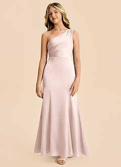 Azazie Ren Junior Blushing Pink A-Line Pleated Stretch Satin Dress image5