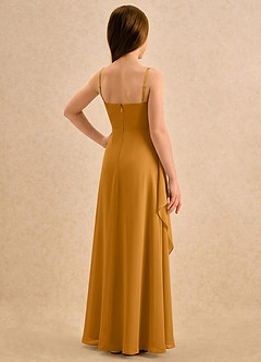 Azazie Cannoli Girls Formal Robe Demoiselle D'honneur Fillette Robe Trapèze en Mousseline de soie Plissée Caramel écossais image2