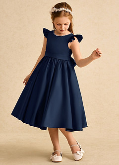 Azazie Dumpling Flower Girl Dresses Dark Navy A-Line Bow Matte Satin Dress image4
