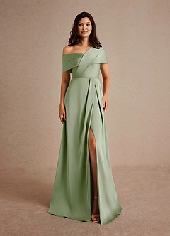 Azazie Milton Mother of the Bride Dresses Dusty Sage A-Line Pleated Stretch Satin Dress image7