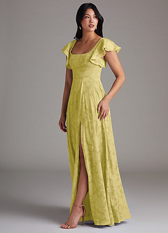 Azazie Bondi Bridesmaid Dresses Canary A-Line Side Slit Floral Burnout Dress image2