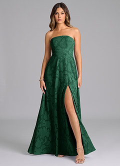 Azazie Wren Bridesmaid Dresses Dark Green A-Line Strapless Floral Burnout Dress image1