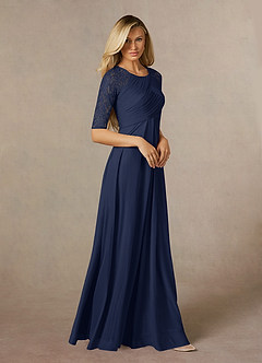 Azazie Raelyn At-home Try On Dresses Dark Navy A-Line Lace Mesh Dress image6