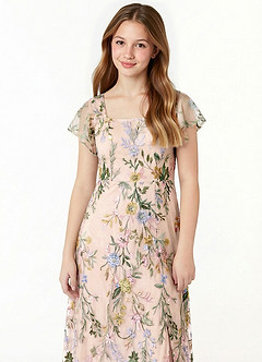 Azazie Bondi Junior Formal Klä av A-Line i 3D blommig broderad spets Rynkad image4