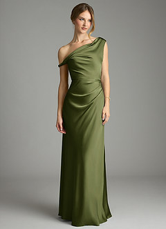 Azazie Emerson Robes de demoiselle d'honneur Robe Sirène en Satin extensible Épaules dénudées Olive image4