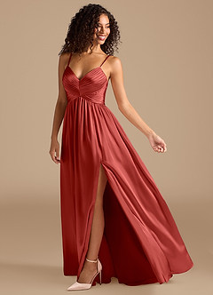 Azazie Alia Bridesmaid Dresses Rust A-Line Pleated Metallic Satin Dress image2