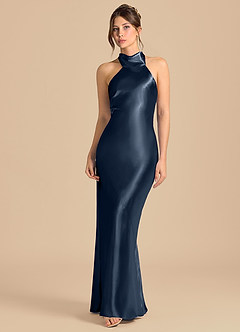 Azazie Velli Bridesmaid Dresses Dark Navy Sheath High Neck Metallic Satin Dress image4
