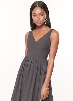Azazie Keyla Bridesmaid Dresses Steel Grey A-Line V-Neck Pleated Chiffon Dress image5