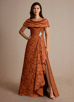 Azazie Branford Moeder van de bruid jurken A-Lijn Jurk van Bloemen Burn-out Geplooid Verbrande Sinaasappel image1