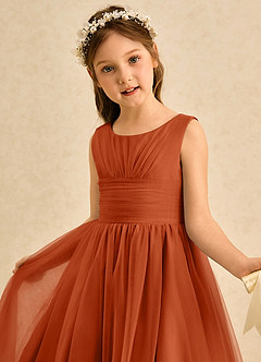 Azazie Macaron Robe Demoiselle D'honneur Fillette Robe Trapèze en Tulle Plissée Orange Brûlée image5