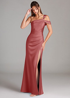 Azazie Wynter Robes de demoiselle d'honneur Robe Fourreau en Satin extensible Une épaule Antique Rose image3