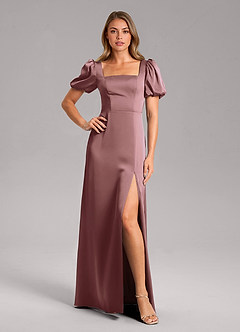 Azazie Fyona Bridesmaid Dresses Vintage Mauve A-Line Pleated Stretch Satin Dress image1