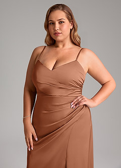 Azazie Azuree Bridesmaid Dresses Bronzer A-Line Pleated Stretch Satin Dress image14