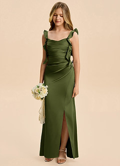 Azazie Jessamine Junior Olive A-Line Ruched Stretch Satin Dress image6