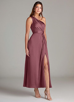 Azazie Brooke Robes de demoiselle d'honneur Robe Trapèze en Satin extensible Asymétrique Rose Du Désert image4