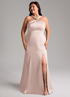 Azazie Rue Bridesmaid Dresses Blushing Pink A-Line Pleated Stretch Satin Dress image10