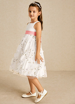 Azazie Pollie Flower Girl Dresses Ivory Coral A-Line Bow Tulle Dress image5