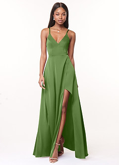Azazie Maksim Bridesmaid Dresses Basil A-Line V-Neck Stretch Satin Dress image1