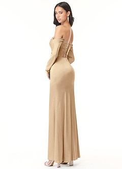 Azazie Hallie Bridesmaid Dresses Champagne Sheath Off-The-Shoulder Long Sleeve Stretch Satin Convertible Dress image6