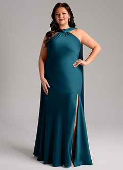 Azazie Kinsley Vestidos de damas de honor Vestido de Azul Tinta de Satén Elástico de Corte Sirena con Corte Lateral image8