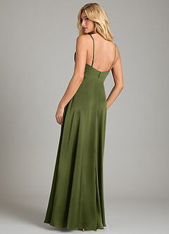 Azazie Sarella Bridesmaid Dresses Olive A-Line Pleated Stretch Satin Dress image2