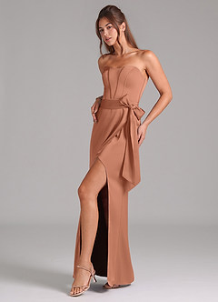 Azazie Jamie Robes de demoiselle d'honneur Robe Trapèze Convertible en Satin extensible Sans bretelle Bronze image4