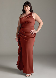 Azazie Latrice Bridesmaid Dresses Terracotta Sheath One Shoulder Cascading Ruffles Stretch Satin Dress image8