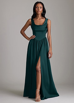 Azazie Novi Bridesmaid Dresses Pine A-Line with Pockets Stretch Satin Dress image1