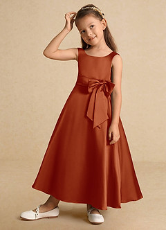 Azazie Lindy Flower Girl Dresses Paprika A-Line Pleated Matte Satin Dress image4