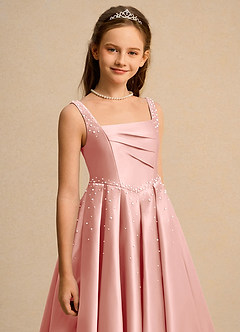 Azazie Mochi Girl Jurken voor bloemenmeisjes Baljurk Jurk van Mat Satijn Geplooid Rozet image7